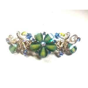 Green Rhinestone Tension Clip Hair Barrette Silver Tone St Patrick's Day Holiday